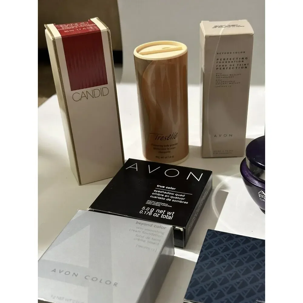 Lot 19 AVON Beauty Items, Perfumes Lotion, Anew,‎ Talc, Makeup, Shower Gel Etc..